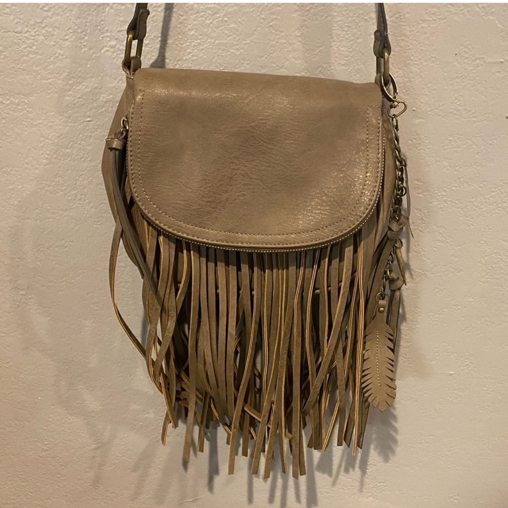 Aldo crossbody/shoulder fringe bag! Taupe Crossbody with Fringe and Keychain.